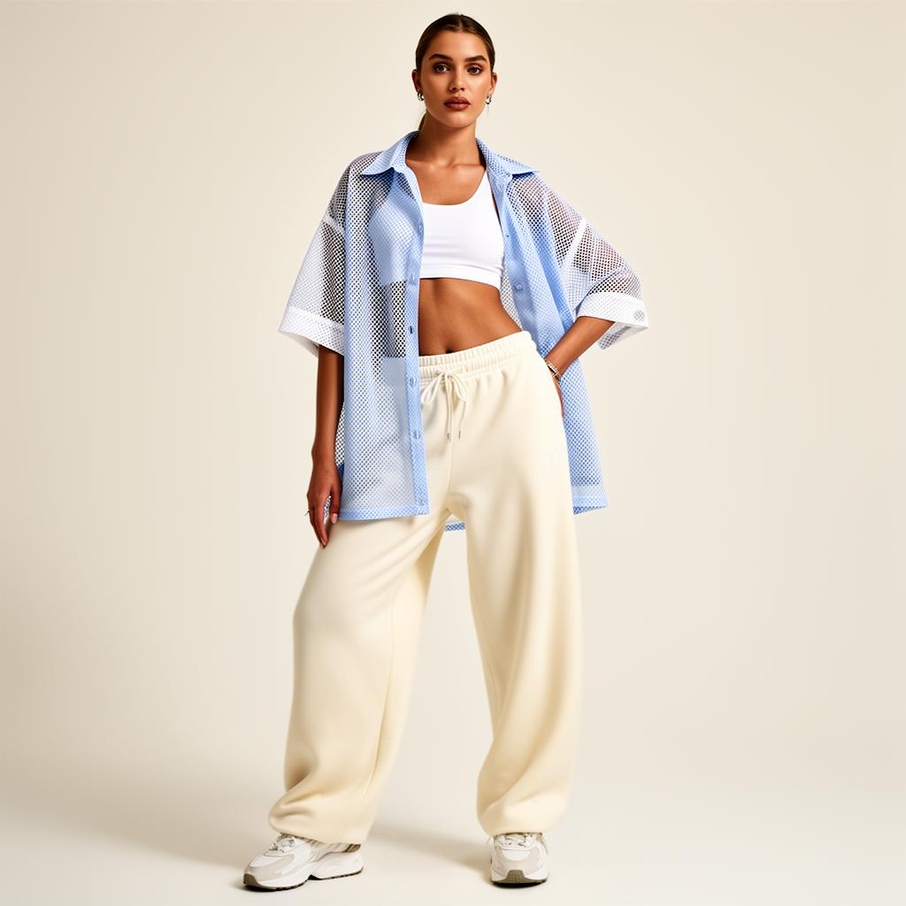 Cloud Mesh Oversized Shirt in Baby Blue & White