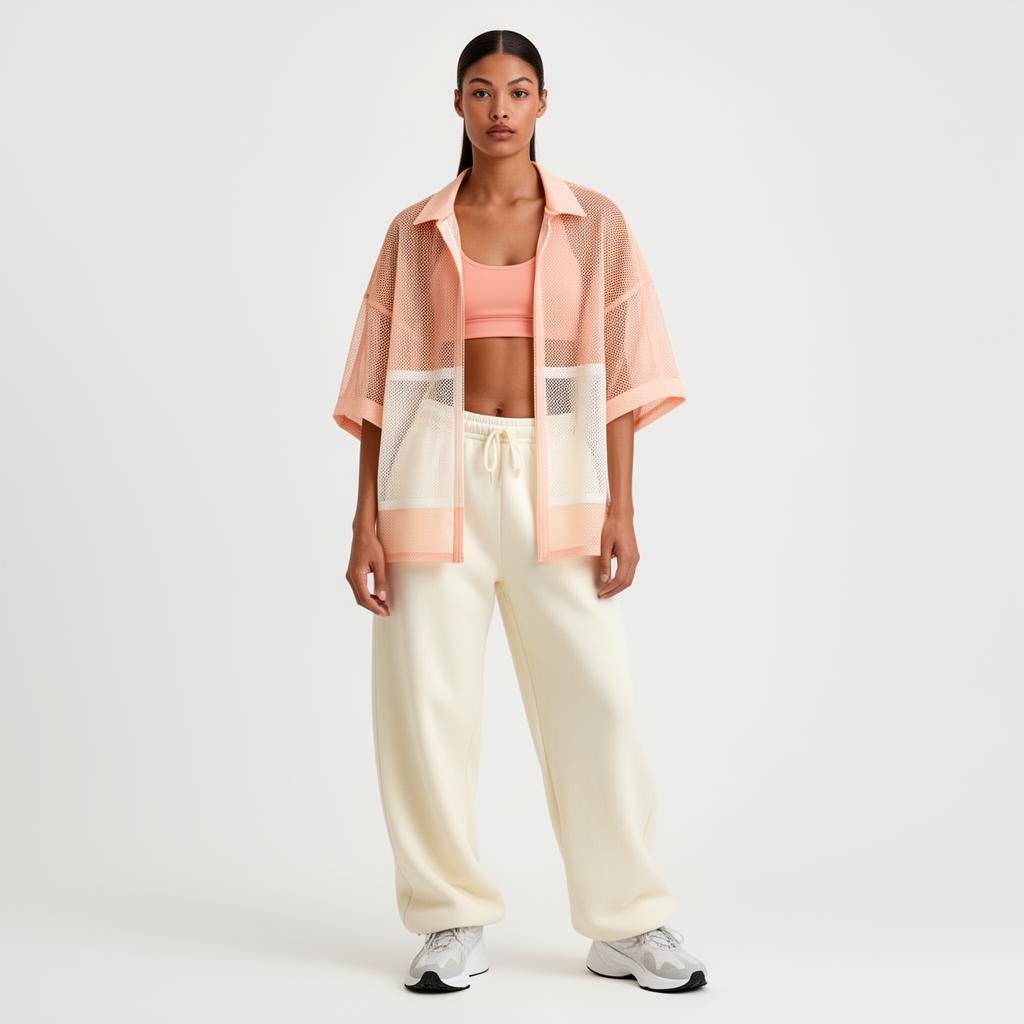 Cloud Mesh Oversized Shirt in Peach & Ivory