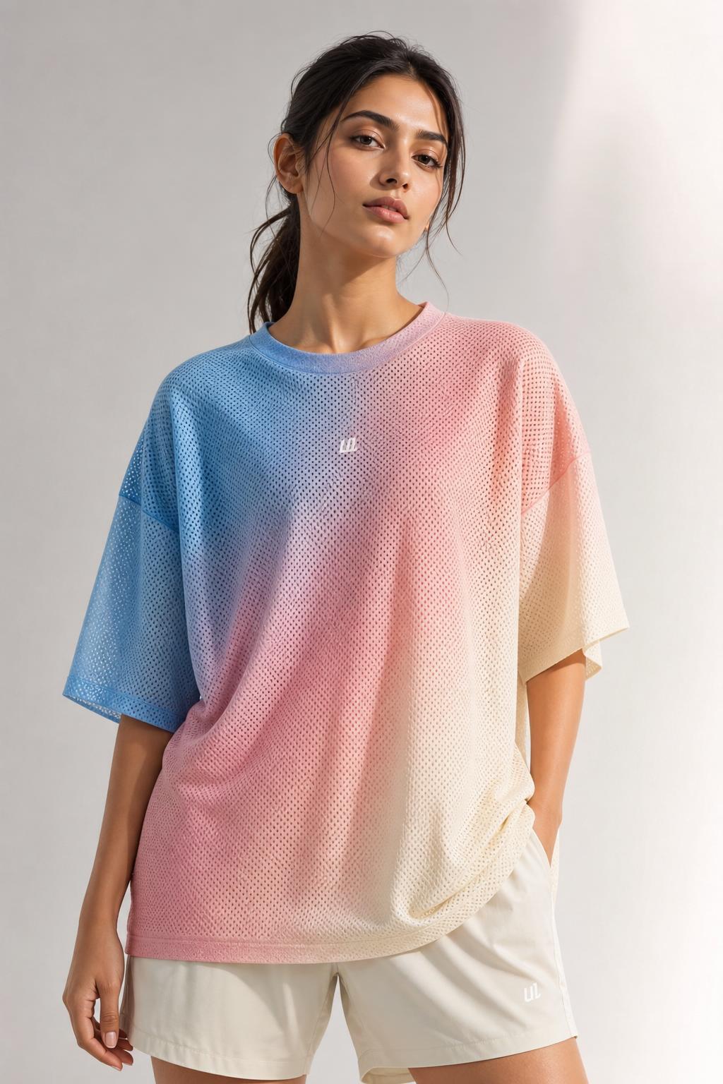 Tri-Tone Mesh Oversized Shirt in Sky · Blush · Ivory